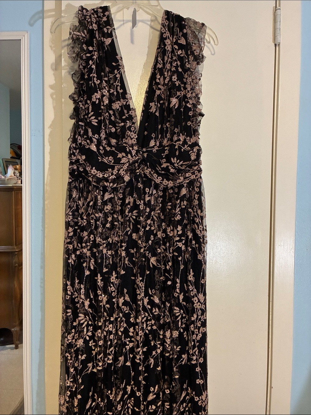 Black Maxi Dress with Delicate Pink/Gold Sparkling Floral Embroidery - Picture 4 of 8